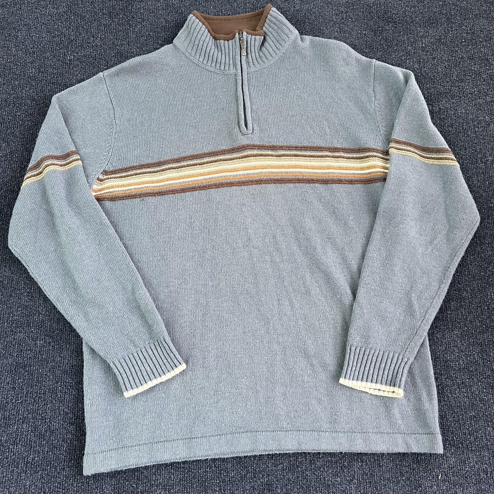 Columbia Sweater Mens XL Blue Brown Quarter Zip Stripe Knit Pullover‎ Casual